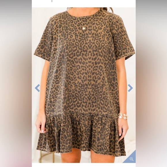 Chic Soul Denim Brown Leopard Print Short Sleeve Dress - Picture 2 of 2